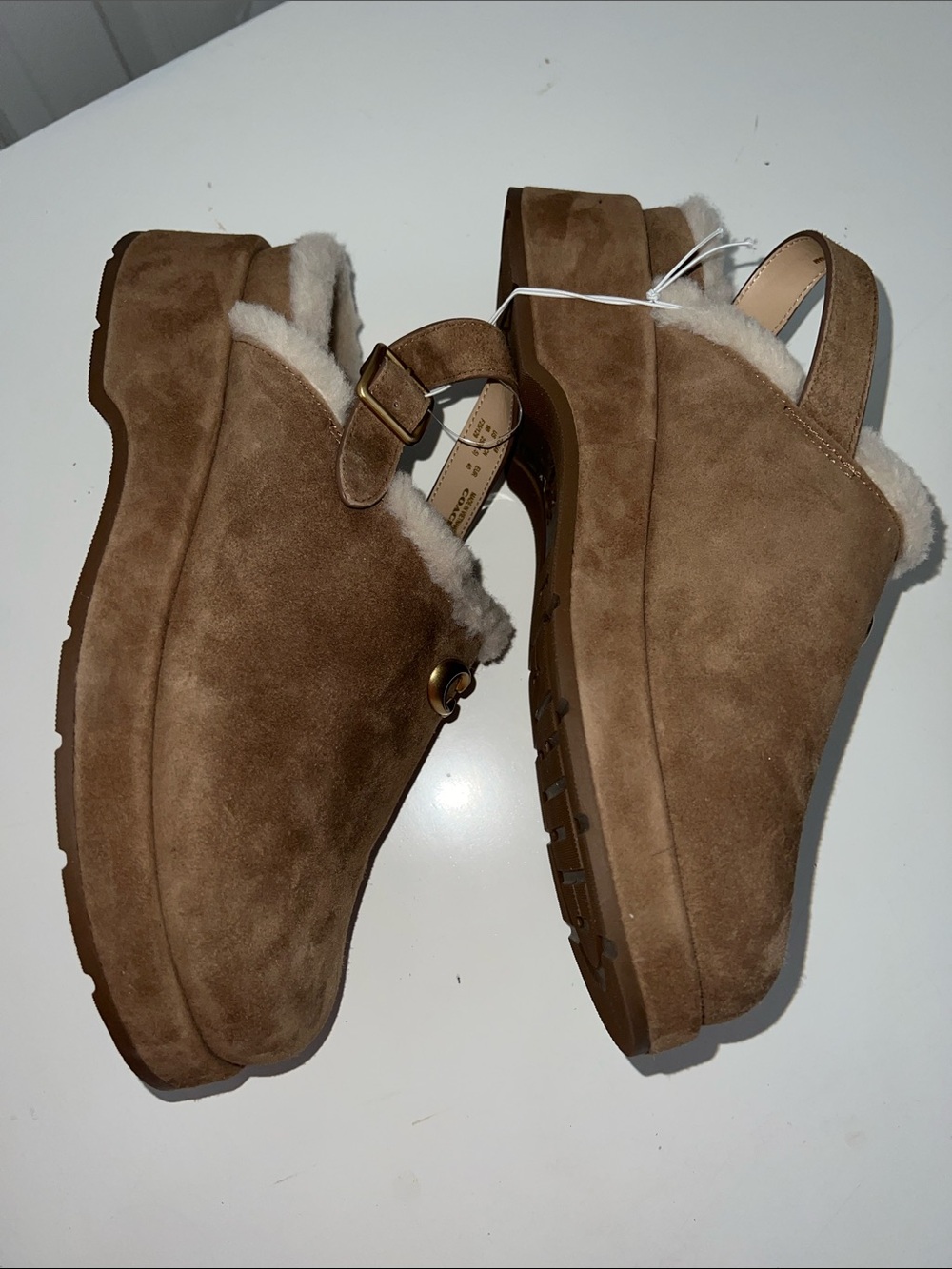 Coach Chestnut Suede Shearling-Trim Clog Mules - Picture 12 of 14